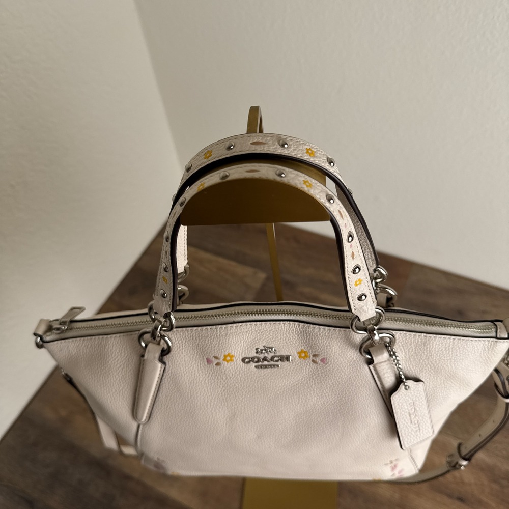 Coach Kelsey Satchel White Floral Embroidered Pebble Leather Bag F24599 - Picture 15 of 16